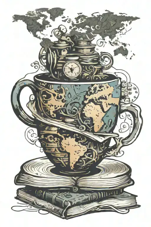 A coffee cup morphing into a stack of books with a world map in the background tattoo design idea