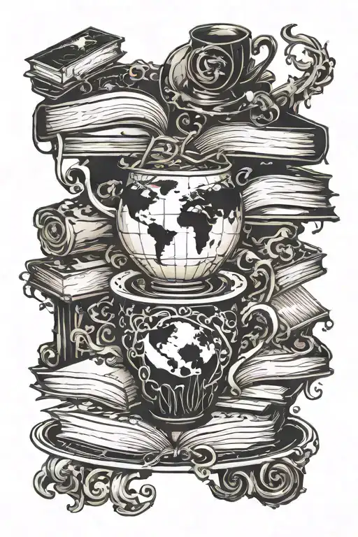 A coffee cup morphing into a stack of books with a world map in the background tattoo design idea