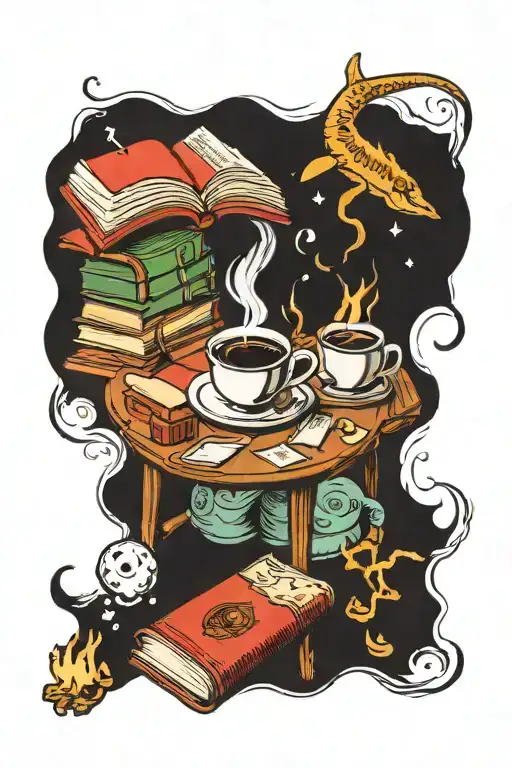 Coffee and books at the end of the world. tattoo design idea