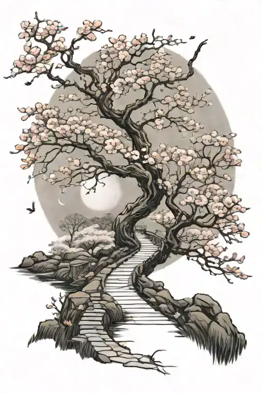 A subtle, winding path in moonlight, surrounded by cherry blossom, the path leading nowhere tattoo design idea