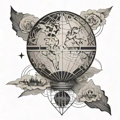 A geometric globe tattoo with Japan highlighted, surrounded by symbols of literature and travel destinations, capturing the client's diverse interests in a sleek design tattoo design idea