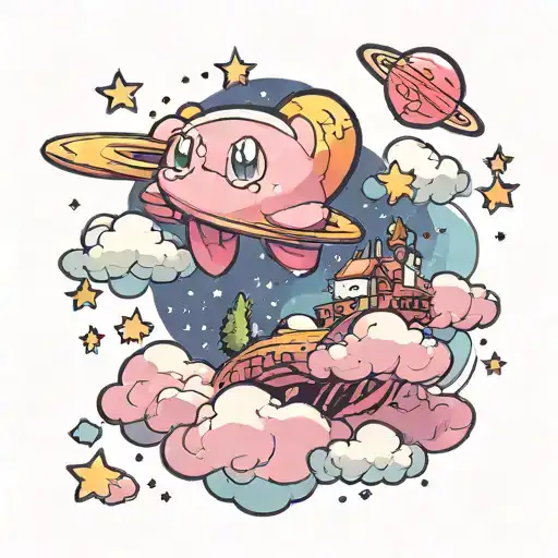 A dreamy landscape featuring Kirby floating among clouds and stars tattoo design idea