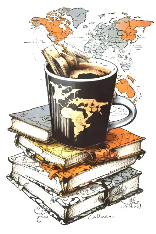 A coffee cup morphing into a stack of books with a world map in the background tattoo design idea