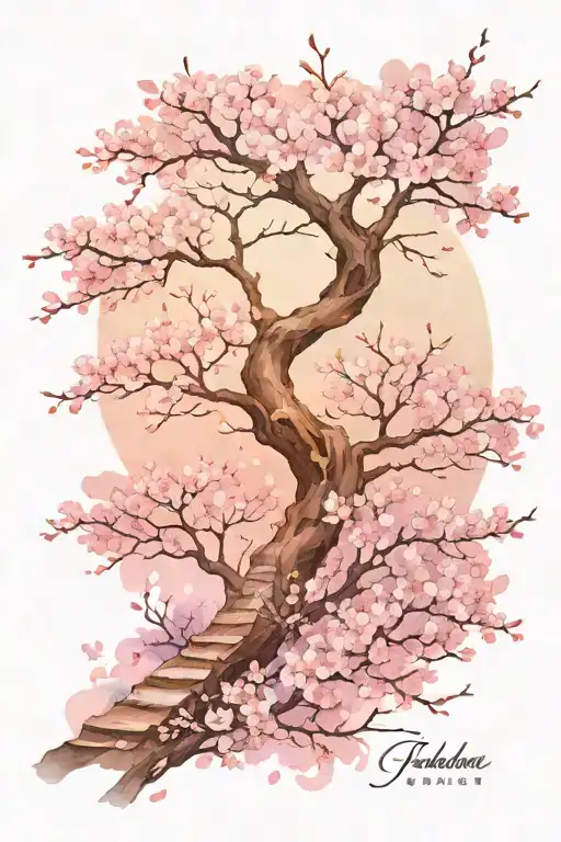 a winding road surrounded by cherry blossom in moonlight tattoo design idea