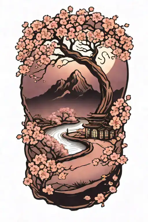 a winding road surrounded by cherry blossom in moonlight tattoo design idea