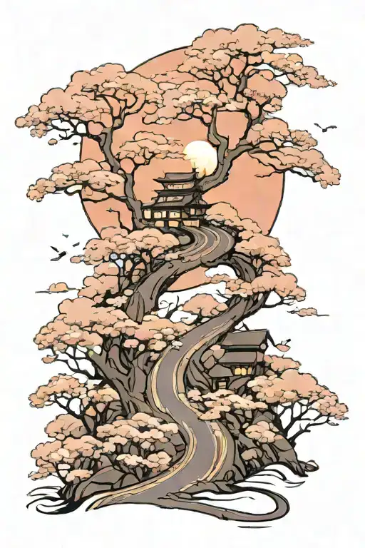 a winding road surrounded by sakura trees colors sunset tattoo design idea