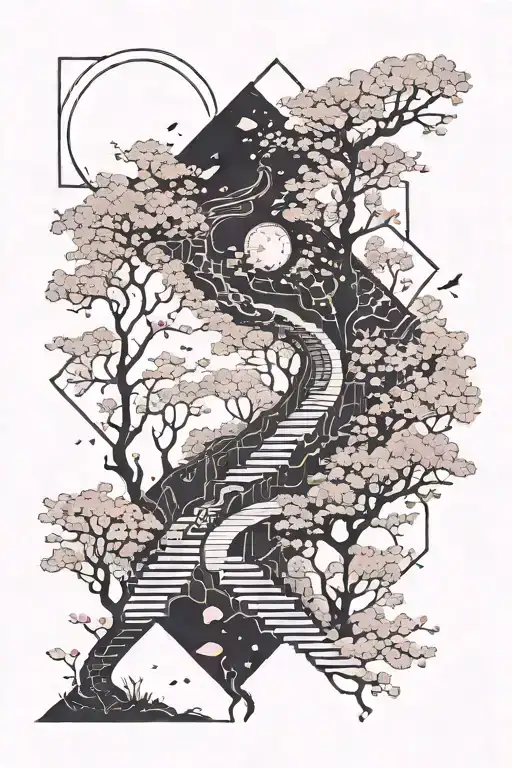 A subtle, winding path in moonlight, surrounded by cherry blossom, the path leading nowhere tattoo design idea