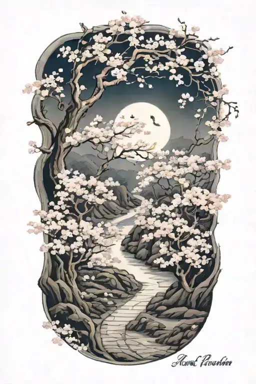 A subtle, winding path in moonlight, surrounded by cherry blossom, the path leading nowhere tattoo design idea