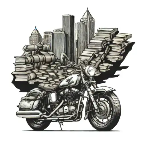 A vintage motorbike cruising through a cityscape made up of coffee beans and books tattoo design idea