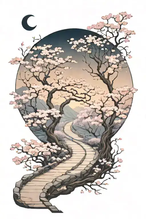 A subtle, winding path in moonlight, surrounded by cherry blossom, the path leading nowhere tattoo design idea