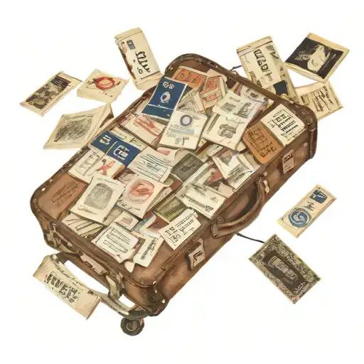 A vintage suitcase covered in travel stamps and books spilling out of it tattoo design idea