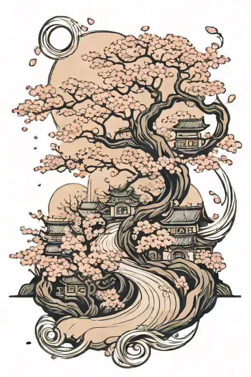 a winding road surrounded by cherry blossom in moonlight tattoo design idea