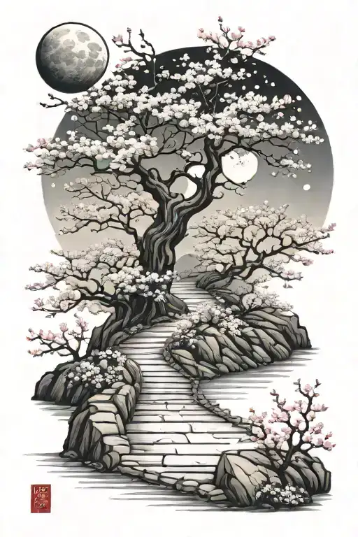 a moonlit, subtle, winding path surrounded by cherry blossom, the path gradually fades tattoo design idea