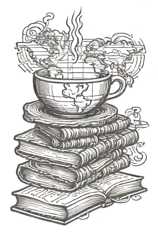A coffee cup morphing into a stack of books with a world map in the background tattoo design idea