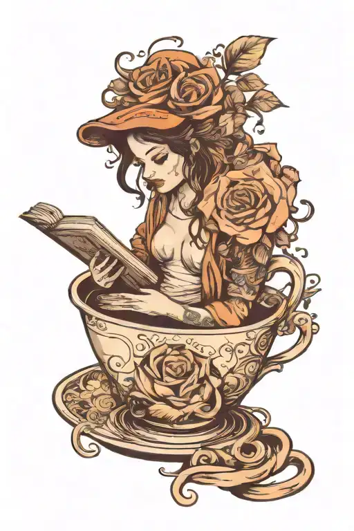 Bathing in a cup of coffee while reading a book.  tattoo design idea