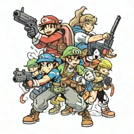 A mashup of various Nintendo characters in a battle royale scene tattoo design idea