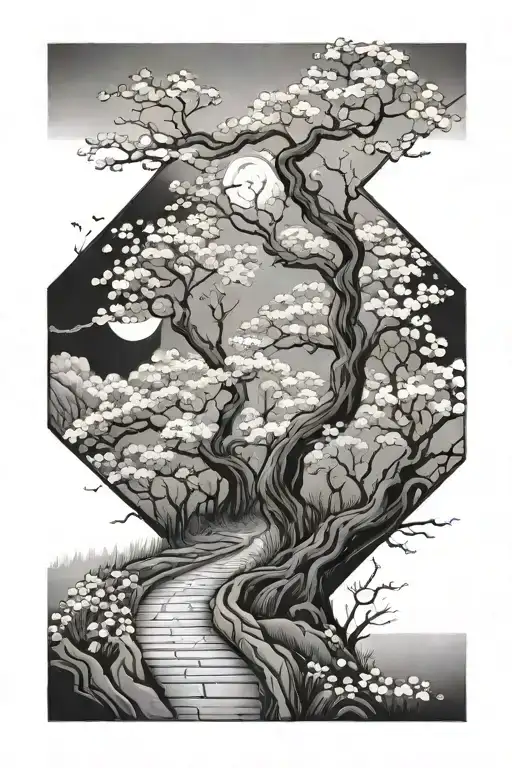 a winding road surrounded by cherry blossom in moonlight tattoo design idea