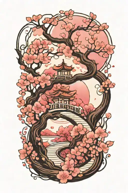 a winding road surrounded by cherry blossom in moonlight tattoo design idea