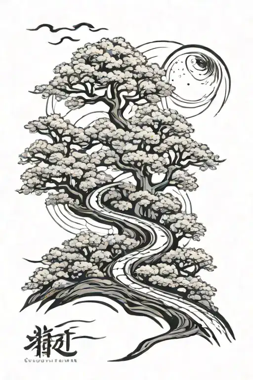 a winding road surrounded by cherry blossom in moonlight tattoo design idea