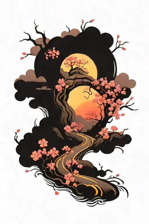 a winding road surrounded by sakura trees colors sunset tattoo design idea