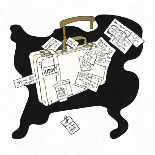 A vintage suitcase covered in travel stamps and books spilling out of it tattoo design idea