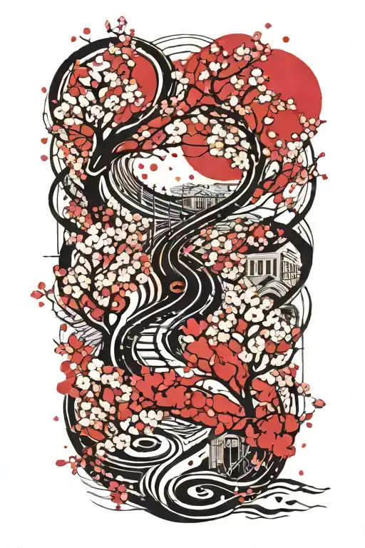 a winding road surrounded by cherry blossom in moonlight tattoo design idea