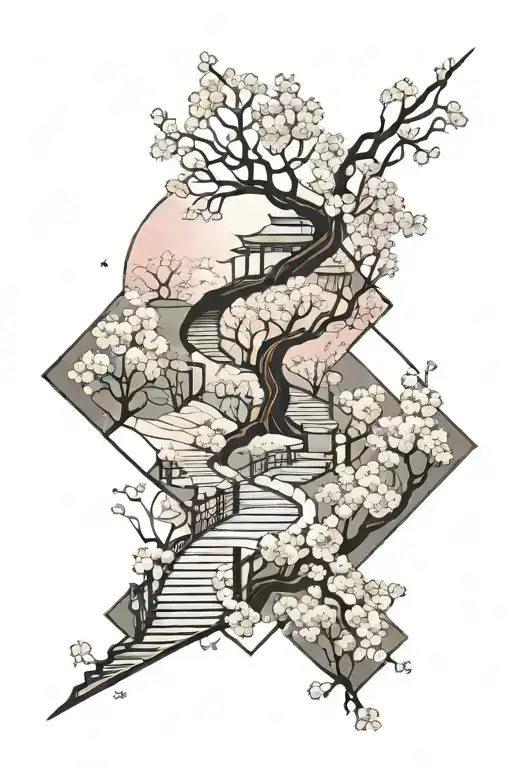 a moonlit, subtle, winding path surrounded by cherry blossom, the path gradually fades.  tattoo design idea