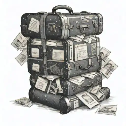 A vintage suitcase covered in travel stamps and books spilling out of it tattoo design idea