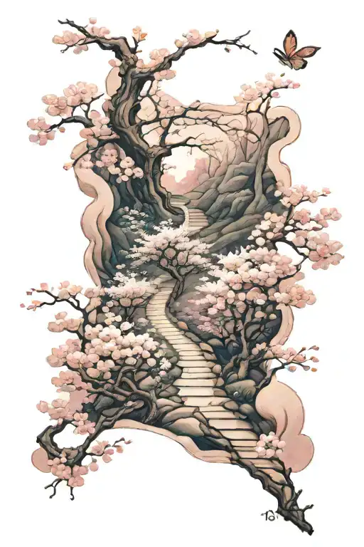 a subtle, winding path surrounded by cherry blossom, the path gradually fades  tattoo design idea