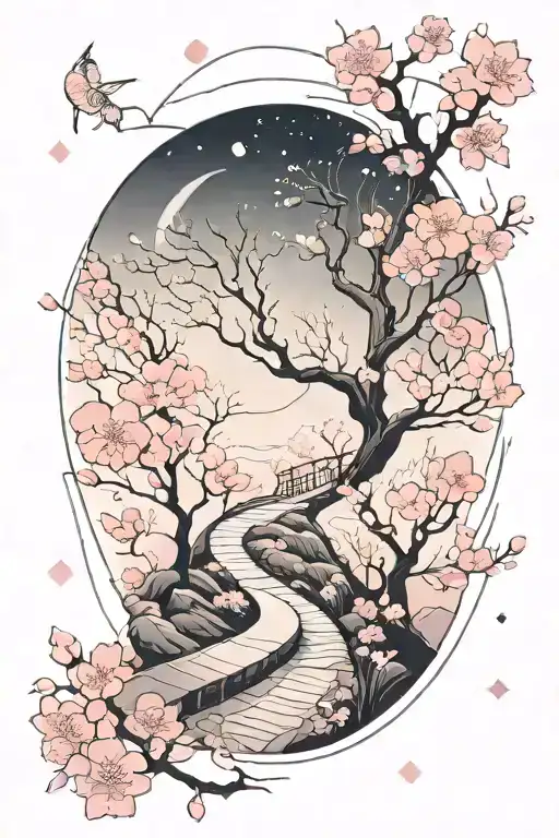 A subtle, winding path in moonlight, surrounded by cherry blossom, the path leading nowhere tattoo design idea