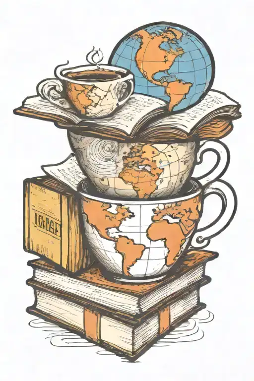 A coffee cup morphing into a stack of books with a world map in the background tattoo design idea