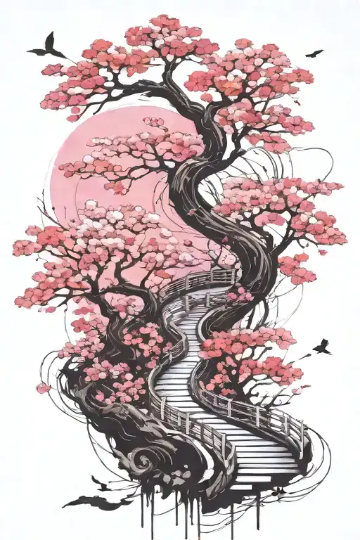 a winding road surrounded by cherry blossom in moonlight tattoo design idea