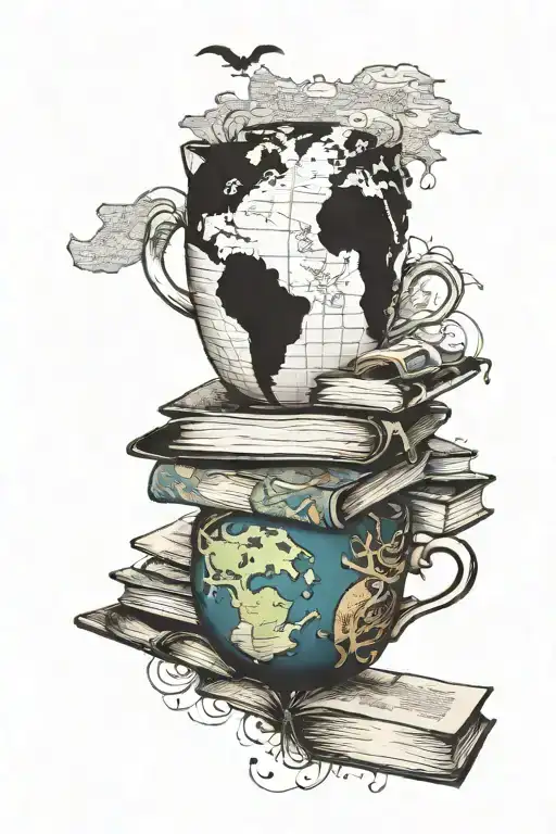 A coffee cup morphing into a stack of books with a world map in the background tattoo design idea