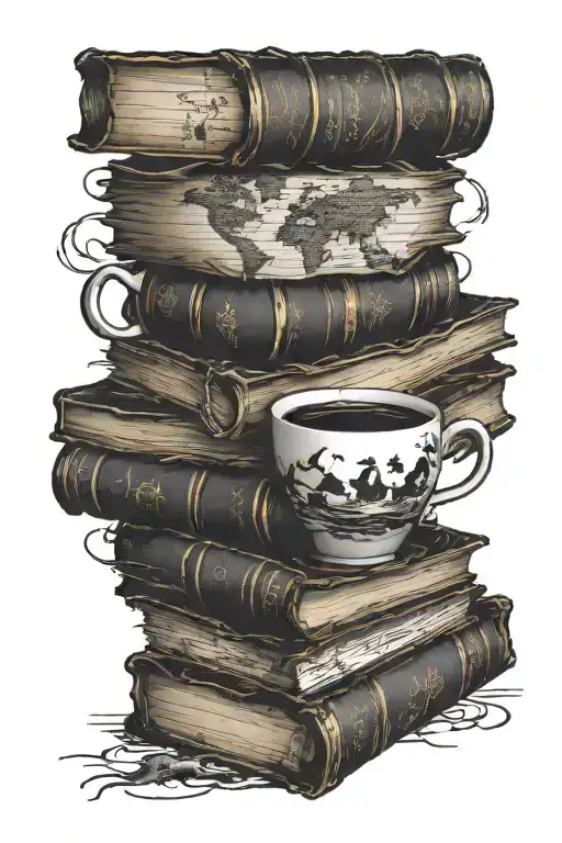 A coffee cup morphing into a stack of books with a world map in the background tattoo design idea