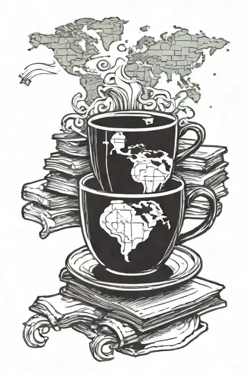 A coffee cup morphing into a stack of books with a world map in the background tattoo design idea