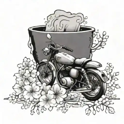 A sleek motorbike traveling through a landscape of Japanese cherry blossoms and coffee plants tattoo design idea