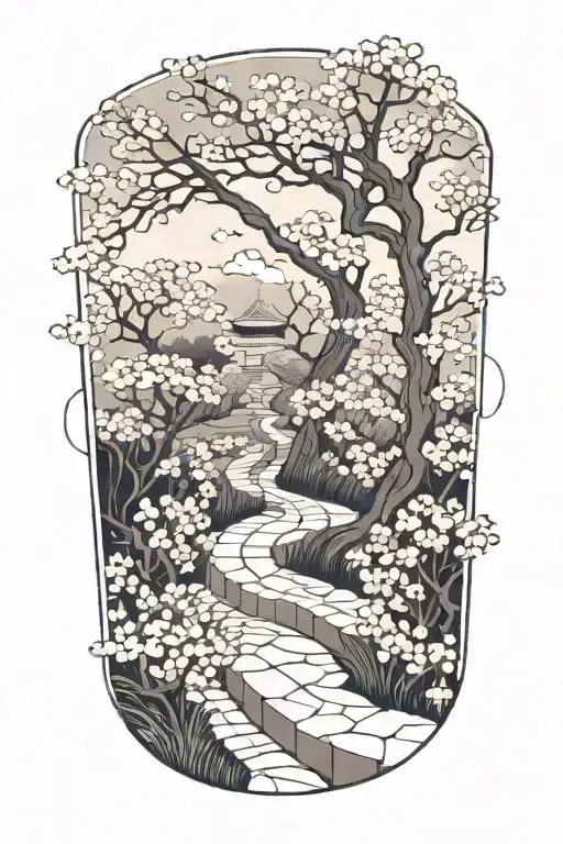 A subtle, winding path in moonlight, surrounded by cherry blossom, the path leading nowhere tattoo design idea