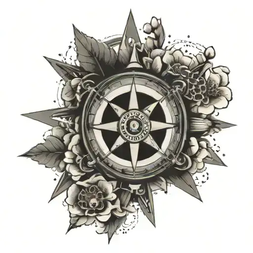 A compass rose with Japanese cherry blossoms and motorcycle gears, symbolizing the client's affinity for Japan, travel, and motorbikes tattoo design idea