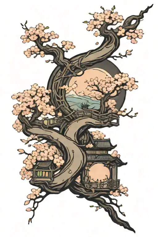 a winding road surrounded by cherry blossom in moonlight tattoo design idea