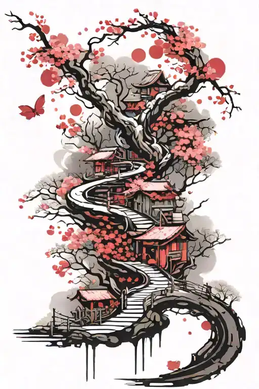 a winding road surrounded by cherry blossom in moonlight tattoo design idea