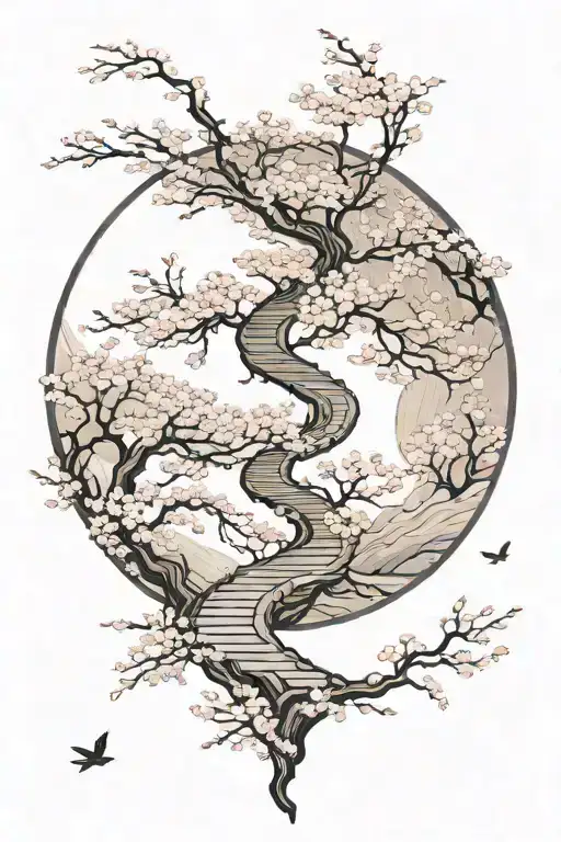 A subtle, winding path surrounded by cherry blossom, in a circular shape, the path gradually fades tattoo design idea