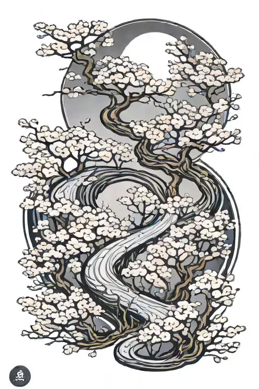 a winding road surrounded by cherry blossom in moonlight tattoo design idea
