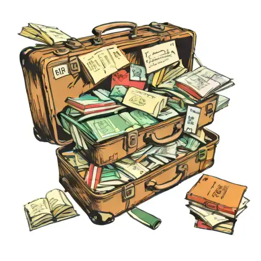 A vintage suitcase covered in travel stamps and books spilling out of it tattoo design idea