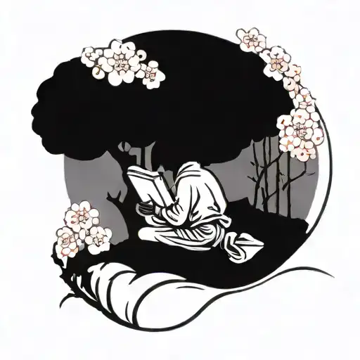 A silhouette of a traveler reading a book under a cherry blossom tree in Japan tattoo design idea