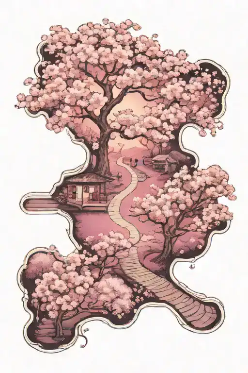 A crossroad in moonlight, surrounded by cherry blossom. tattoo design idea