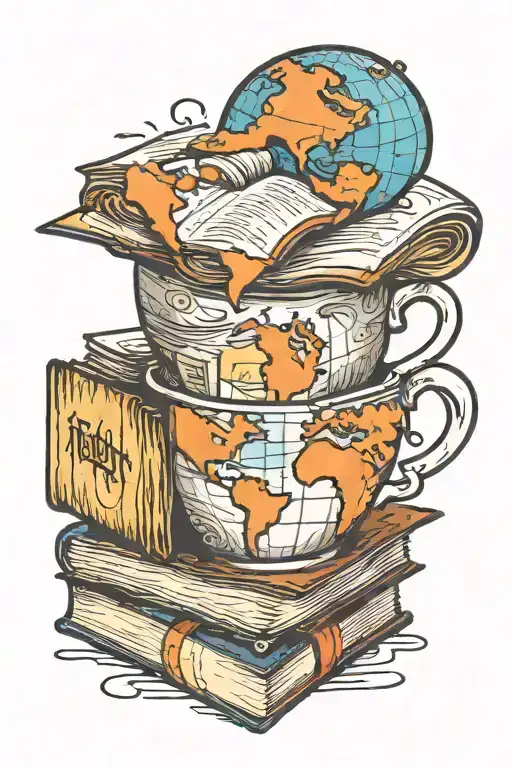 A coffee cup morphing into a stack of books with a world map in the background tattoo design idea