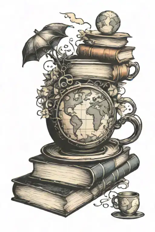 A coffee cup morphing into a stack of books with a world map in the background tattoo design idea