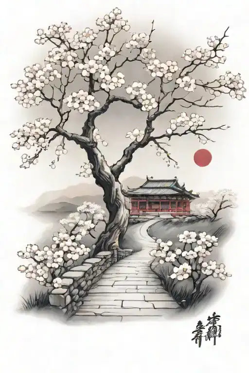 a moonlit, subtle, winding path surrounded by cherry blossom, the path gradually fades. in the background small mountain tattoo design idea