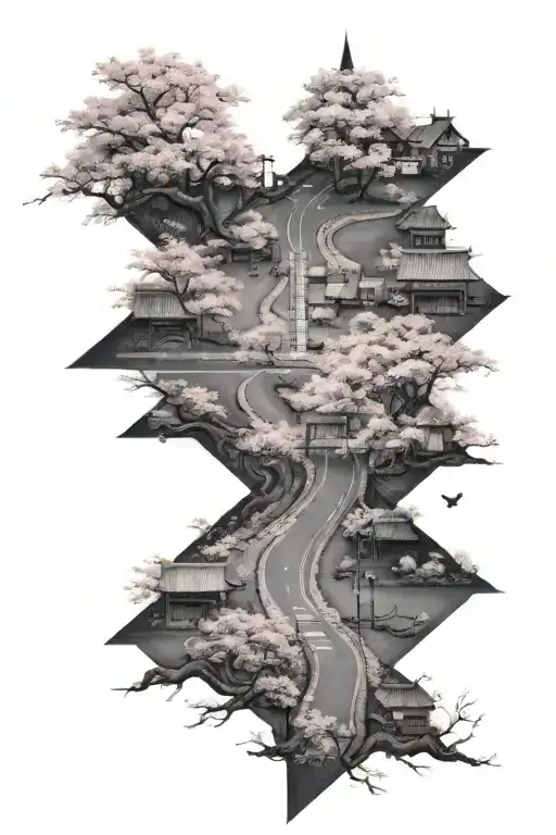 A crossroad in moonlight, surrounded by cherry blossom. tattoo design idea