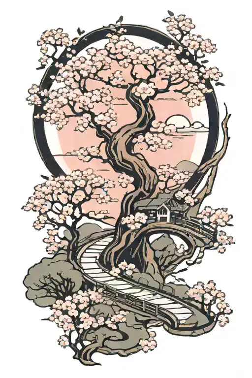 a moonlit winding road surrounded by cherry blossom tattoo design idea